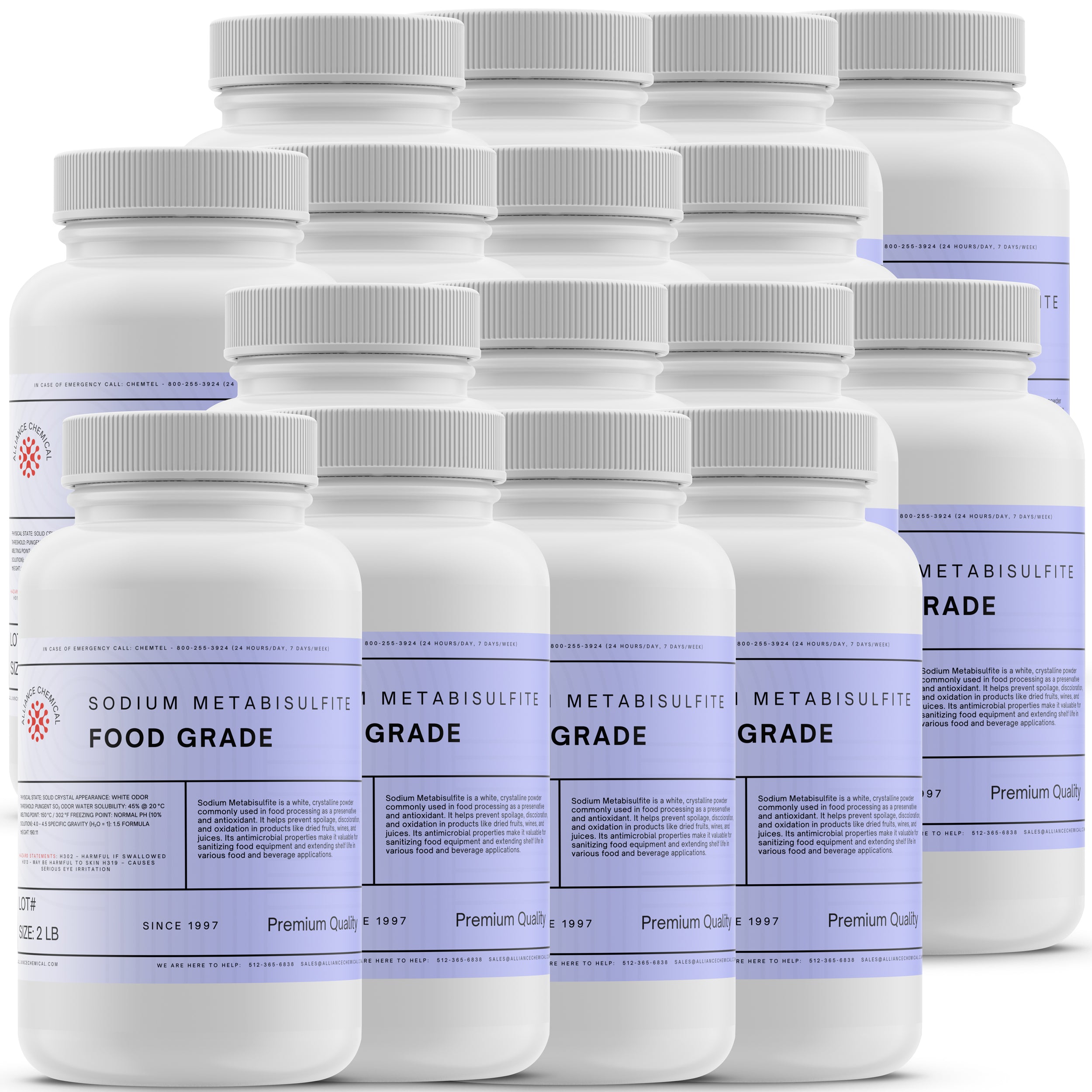 Alliance Chemical sodium metabisulfite food grade in white 2 lb plastic container with screw cap